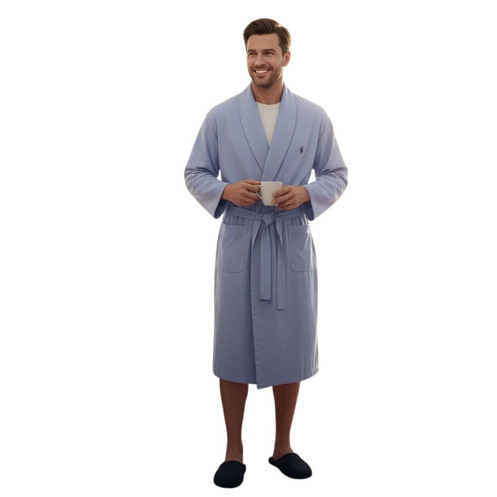 Polo Ralph Lauren Blue Checkered 100% Cotton Shawl Collar Robe Pockets Size S/M